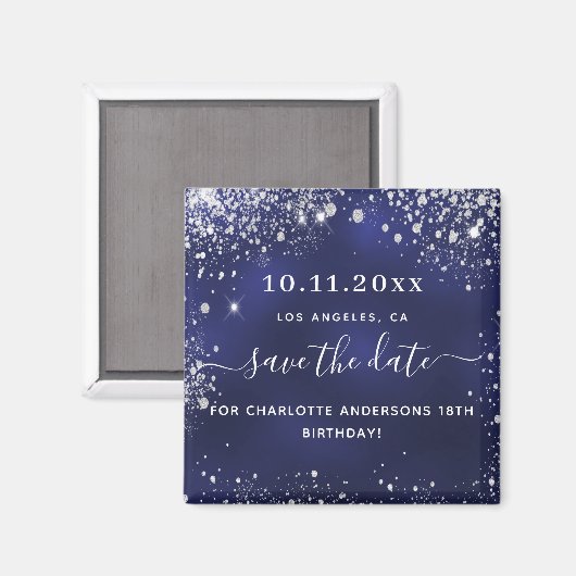 Birthday navy blue glitter save the date magnet (Voorkant / Achterkant)
