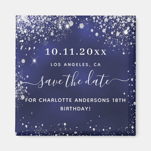 Birthday navy blue glitter save the date magnet (Voorkant)
