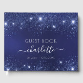 Birthday navy blue glitter sparkles name script gastenboek (Voorkant)