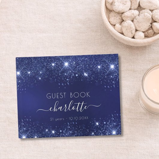 Birthday navy blue glitter sparkles name script gastenboek