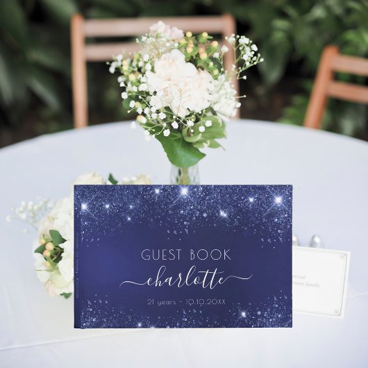 Birthday navy blue glitter sparkles name script gastenboek