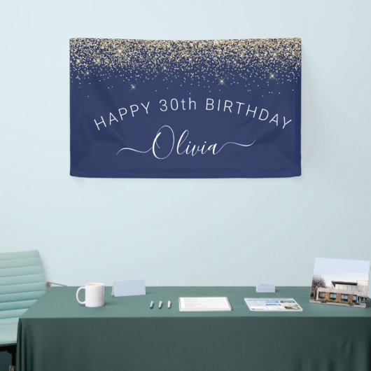 'Birthday Navy Blue Gold Any Age Glitter Girly' Spandoek (Beurs)