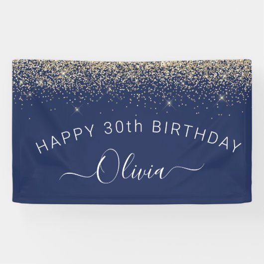 'Birthday Navy Blue Gold Any Age Glitter Girly' Spandoek (Horizontaal)