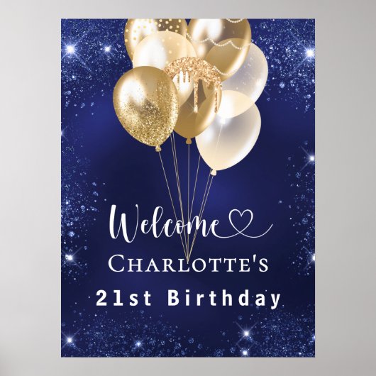 Birthday navy blue gold balloons welcome poster (Voorkant)