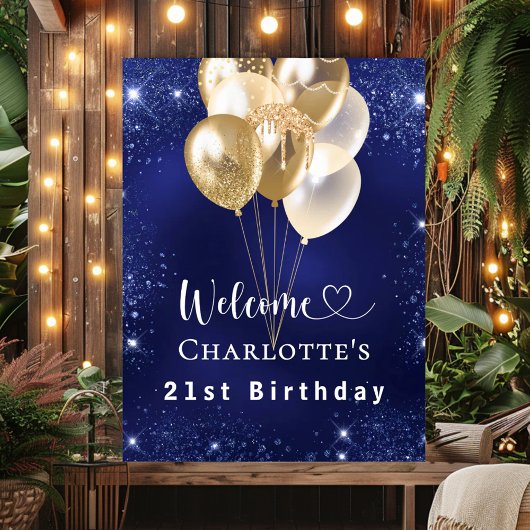 Birthday navy blue gold balloons welcome poster