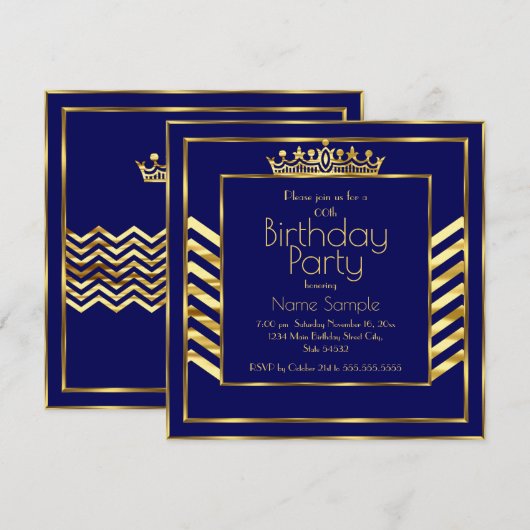 Birthday Navy Blue Gold Crown Art Deco Kaart (Voorkant / Achterkant)