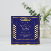 Birthday Navy Blue Gold Crown Art Deco Kaart (Staand voorkant)