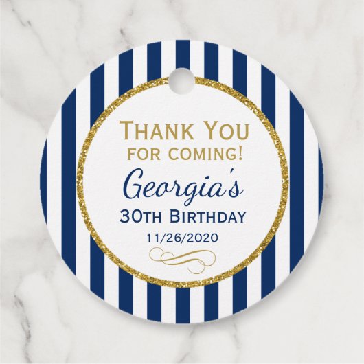 Birthday Navy Blue Gold Stripe Party Favor Labels (Achterkant)