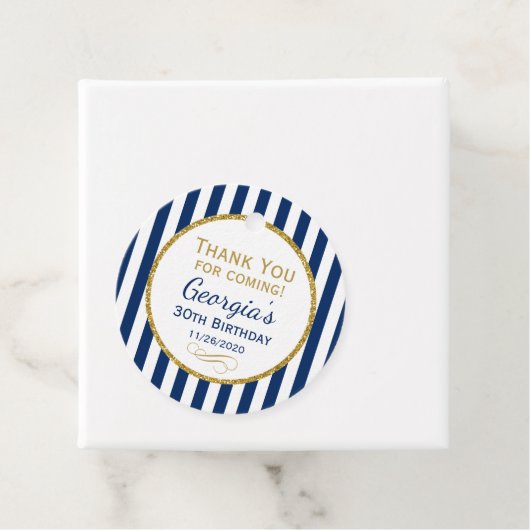 Birthday Navy Blue Gold Stripe Party Favor Labels (In situ)