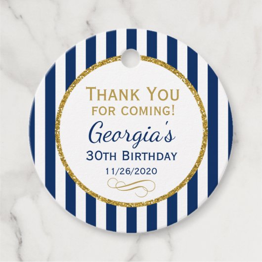 Birthday Navy Blue Gold Stripe Party Favor Labels (Voorkant)