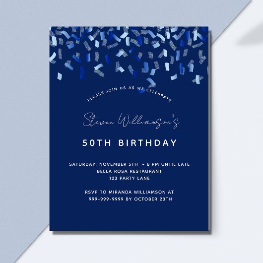 Birthday navy blue mannen guy budget uitnodiging flyer