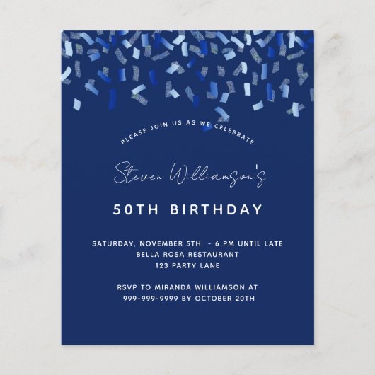 Birthday navy blue mannen guy budget uitnodiging flyer (Voorkant)