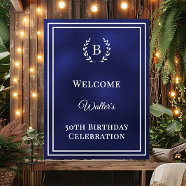 Birthday navy blue monogrammed elegant welcome poster