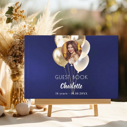 Birthday navy blue photo gold balloons gastenboek