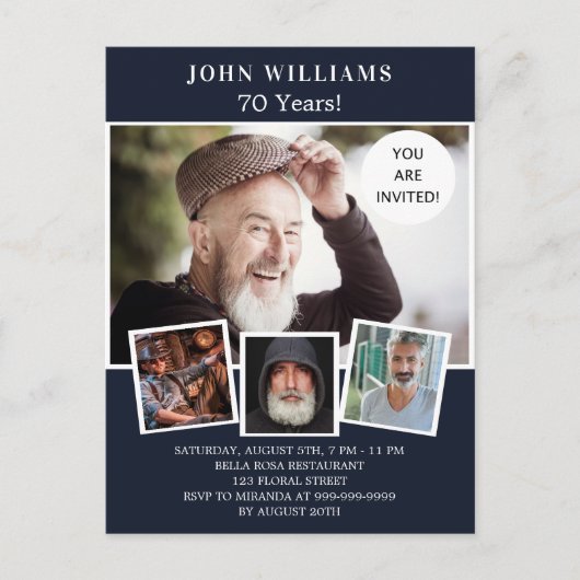 Birthday navy blue photocollage uitnodiging briefkaart (Voorkant)