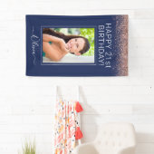 Birthday Navy Blue Roos Gold Pink Glitter Spandoek (Insitu)