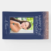 Birthday Navy Blue Roos Gold Pink Glitter Spandoek (Horizontaal)