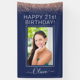 Birthday Navy Blue Roos Gold Pink Glitter Spandoek
