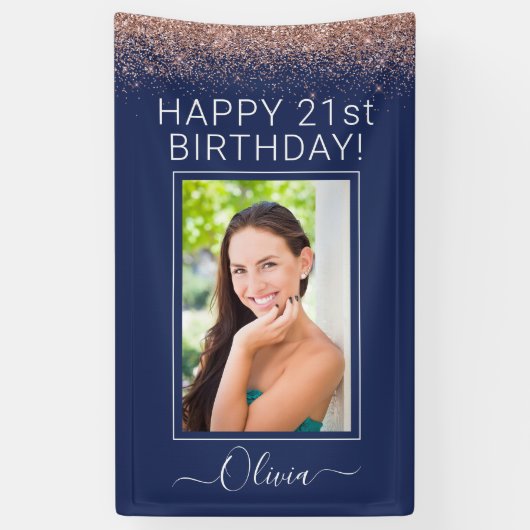 Birthday Navy Blue Roos Gold Pink Glitter Spandoek (Verticaal)