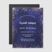 Birthday navy blue roos goudsparken luxe magnetische uitnodiging (Voorkant / Achterkant)