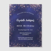 Birthday navy blue roos goudsparken luxe magnetische uitnodiging (Voorkant)