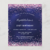 Birthday navy blue roze budget uitnodiging flyer (Voorkant)