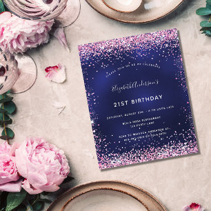 Birthday navy blue roze budget uitnodiging flyer