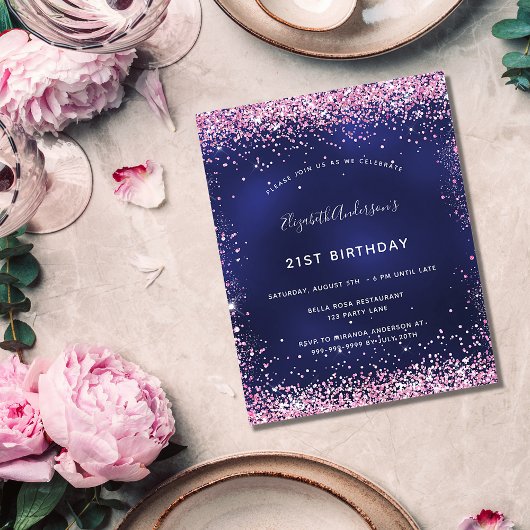 Birthday navy blue roze budget uitnodiging flyer