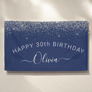 Birthday Navy Blue Silver Elke leeftijd Glitter Gi Spandoek
