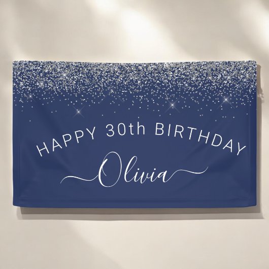 Birthday Navy Blue Silver Elke leeftijd Glitter Gi Spandoek