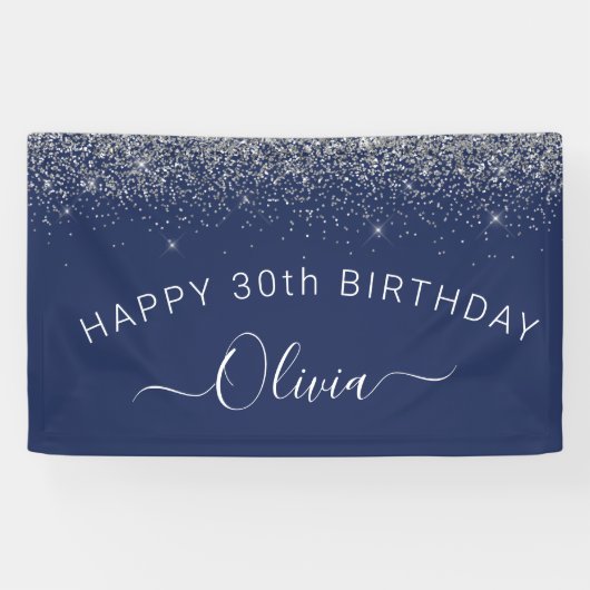 Birthday Navy Blue Silver Elke leeftijd Glitter Gi Spandoek (Horizontaal)