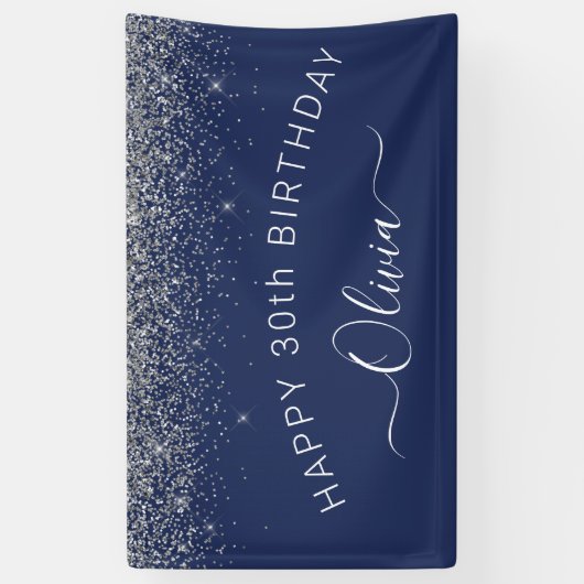 Birthday Navy Blue Silver Elke leeftijd Glitter Gi Spandoek (Verticaal)