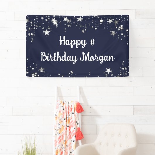 Birthday Navy Blue Stars script op maat Spandoek (Insitu)