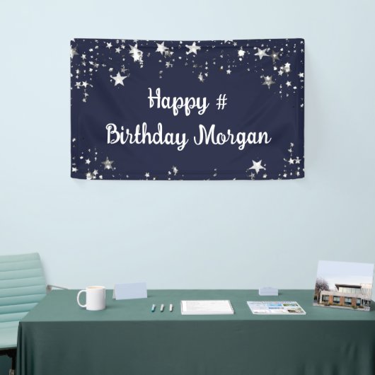 Birthday Navy Blue Stars script op maat Spandoek (Beurs)