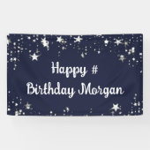 Birthday Navy Blue Stars script op maat Spandoek (Horizontaal)
