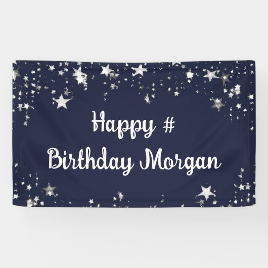 Birthday Navy Blue Stars script op maat Spandoek (Horizontaal)