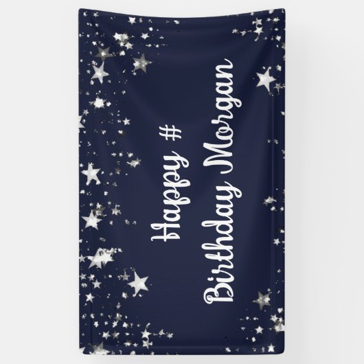 Birthday Navy Blue Stars script op maat Spandoek (Verticaal)