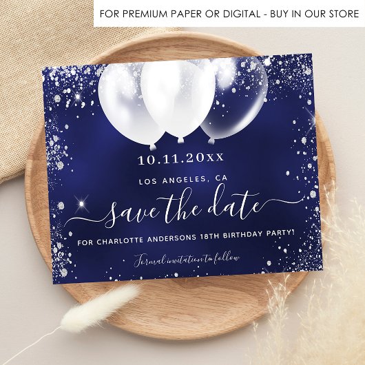 Birthday navy blue white budget save date flyer