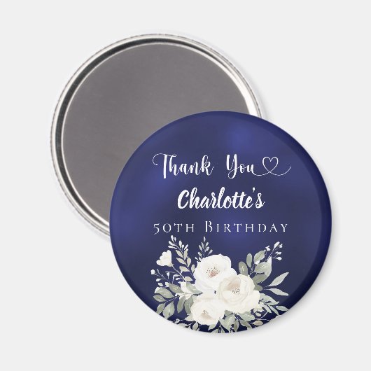 Birthday navy blue white flowers Thank You Magneet (Voorkant / Achterkant)