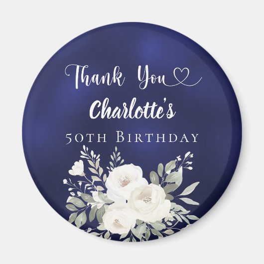 Birthday navy blue white flowers Thank You Magneet (Voorkant)
