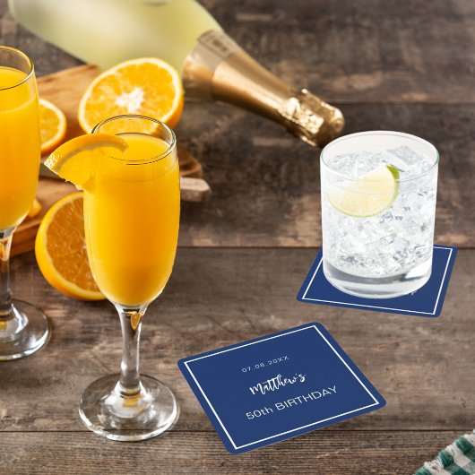 Birthday navy blue white minimalist mannen guy kartonnen onderzetters