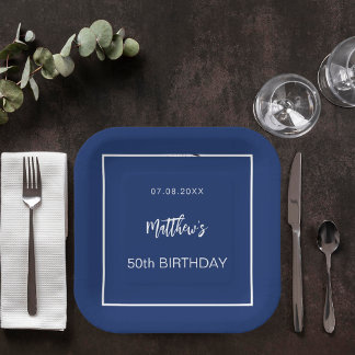 Birthday navy blue white minimalist mannen guy papieren bordje