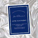 Birthday navy blue white minimalist mannen invita kaart<br><div class="desc">Een moderne,  elegante en uitnodiging. Een blauw marineschaafje met witte lijsten. Pas een naam en details aan en voeg deze toe. Witte tekst.</div>