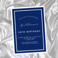 Birthday navy blue white minimalist mannen invita