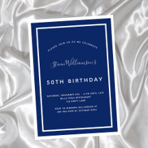 Birthday navy blue white minimalist mannen invita