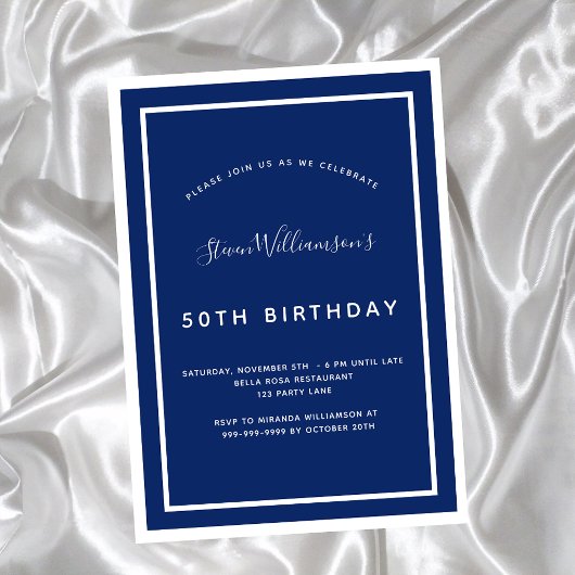 Birthday navy blue white minimalist mannen invita kaart