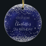 Birthday navy blue zilveren glitter speurt vriende keramisch ornament<br><div class="desc">Een ornament voor een meisje- en glamourese 21ste (of eender welke leeftijd) verjaardag. Een blauw marineschopje met faux zilveren glitter,  sparkles. De blauwe kleur is ongelijk. Op de voorzijde: Personaliseer en voeg een datum,  een naam en een leeftijd toe. Terug: Gelukkige verjaardag en namen van vrienden.</div>