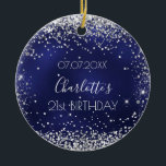 Birthday navy blue zilveren glitter speurt vriende keramisch ornament<br><div class="desc">Een ornament voor een meisje- en glamourese 21ste (of eender welke leeftijd) verjaardag. Een blauw marineschopje met faux zilveren glitter,  sparkles. De blauwe kleur is ongelijk. Op de voorzijde: Personaliseer en voeg een datum,  een naam en een leeftijd toe. Terug: Gelukkige verjaardag en namen van vrienden.</div>