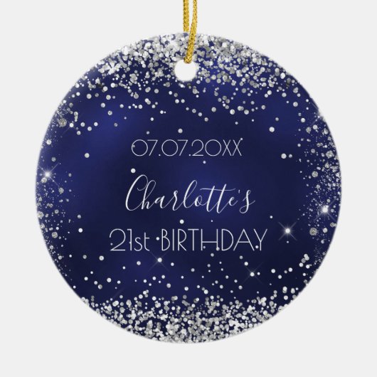 Birthday navy blue zilveren glitter speurt vriende keramisch ornament (Voorkant)