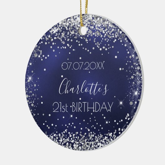 Birthday navy blue zilveren glitter speurt vriende keramisch ornament (Links)
